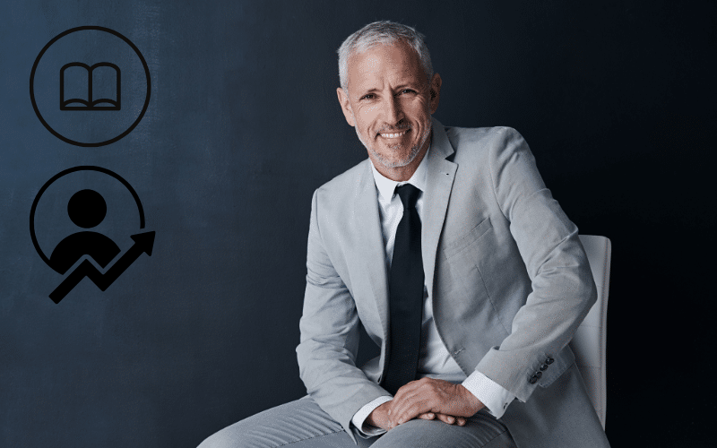 ceo with book and growth icons